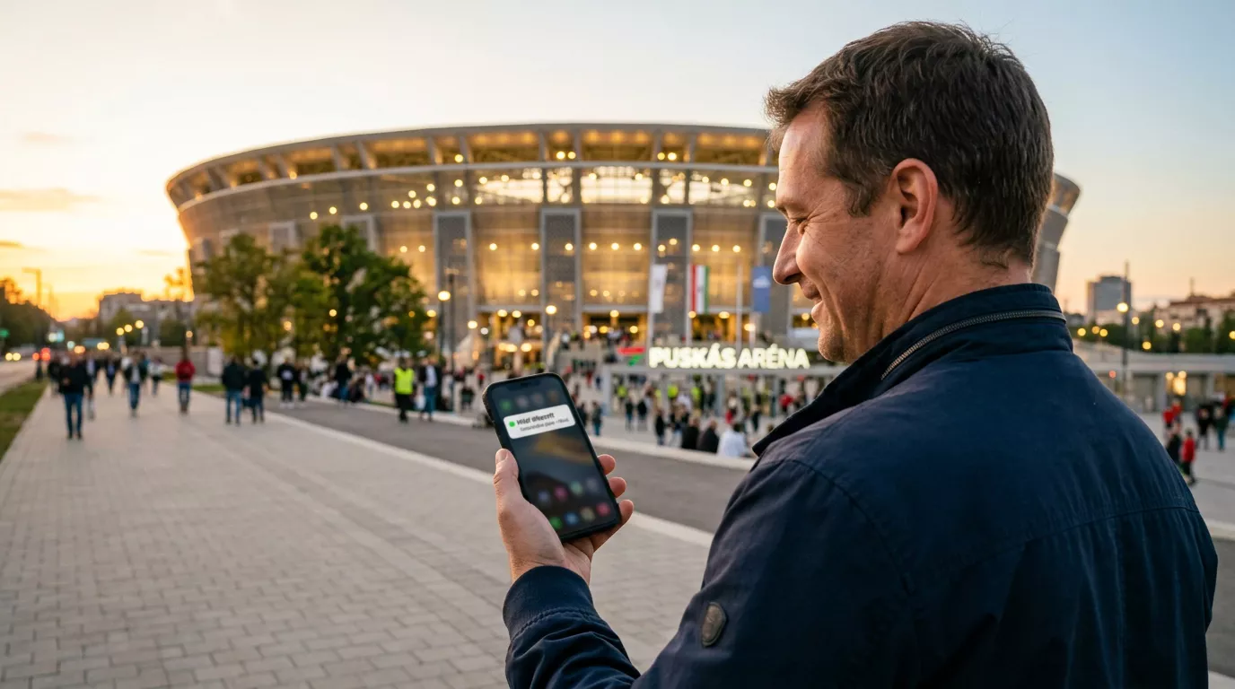 Visa kifizetés sportfogadási nyereményből - férfi kezében okostelefon a stadion előtt